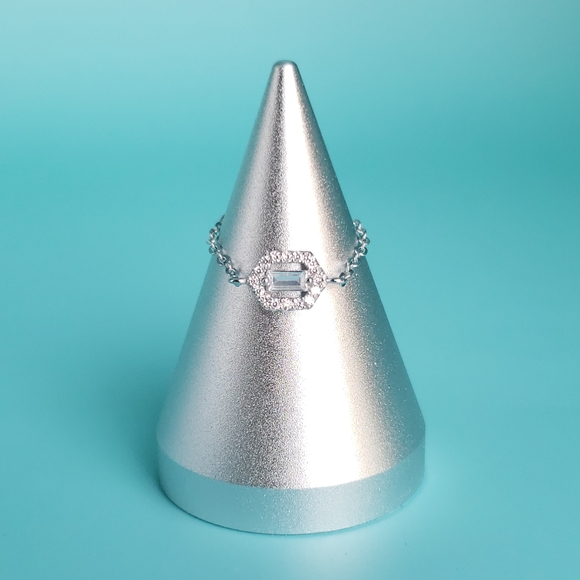 NEW Silver Adjustable Chain Baguette Pave Halo Diamond Ring - Picture 3 of 7